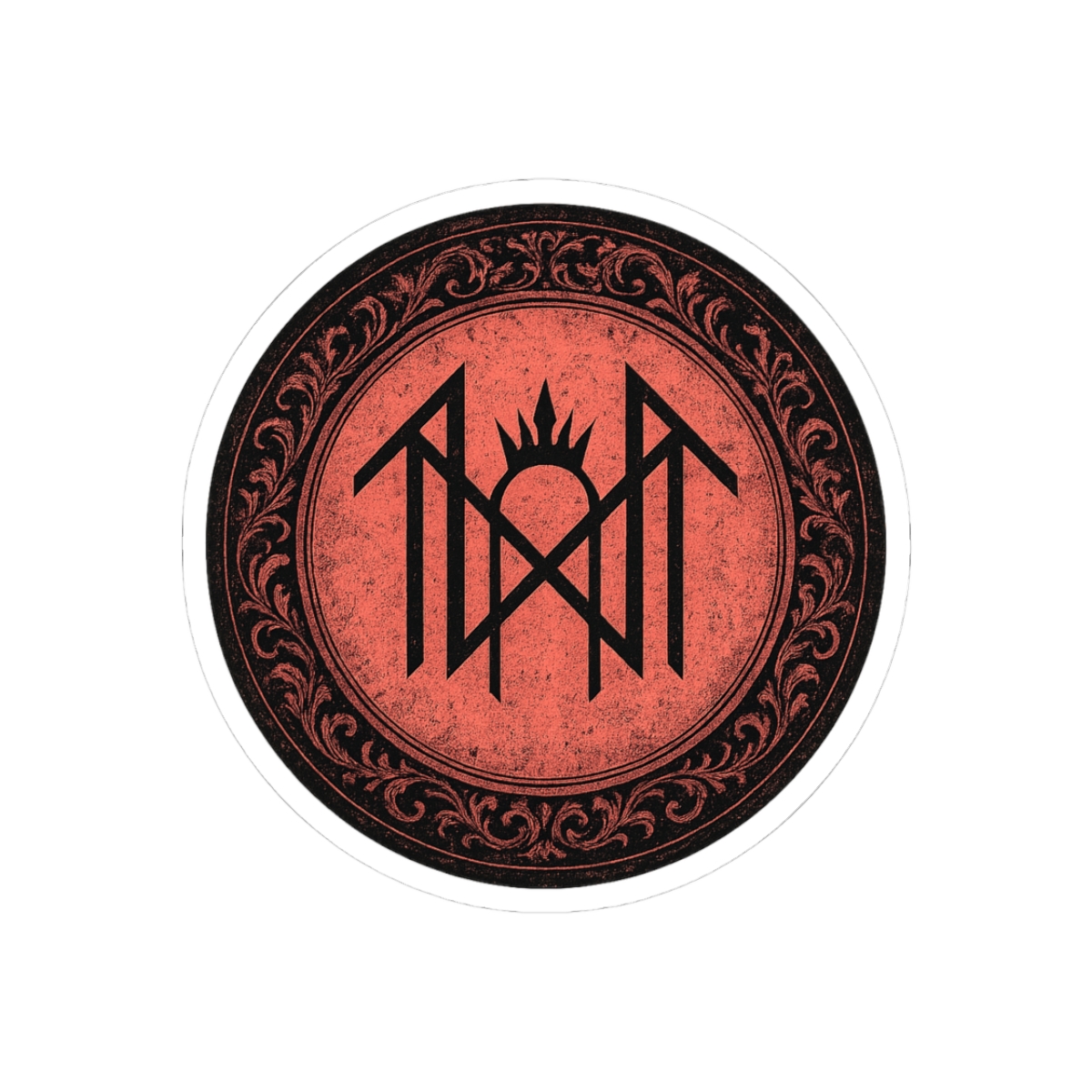 A circular, red sticker with a black, decorative border and a central geometric design. The design includes vertical and angled lines, and a crown-like element. The sticker has a distressed, vintage...
